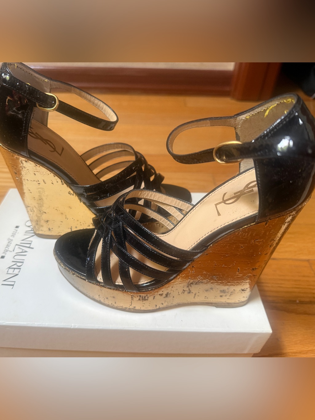 Yves Saint Laurent Black Patent Strappy Wedges With Gold Metallic Platform